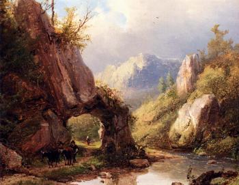 Johann Bernard Klombeck : A Mountain Valley With A Peasant And Cattle Passing Along A Stream
